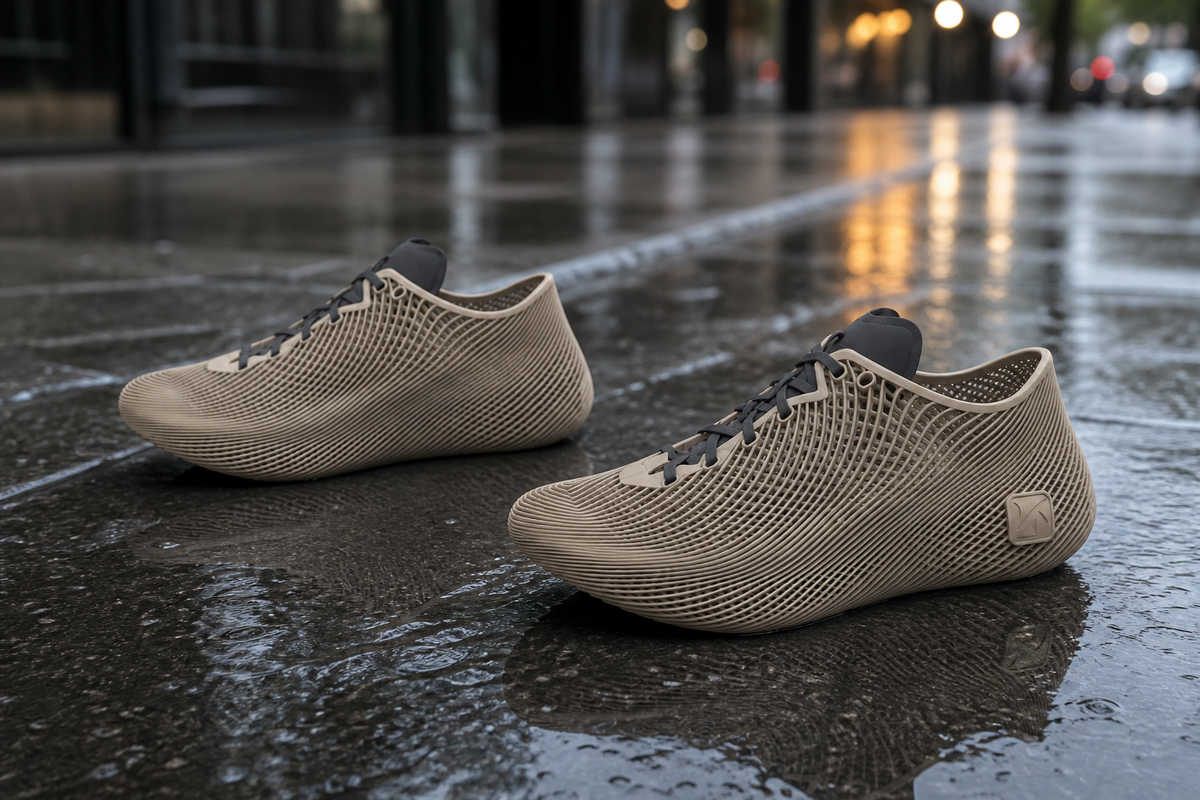 A pair of tan 3D-printed lattice sneakers standing on rain-slicked pavement