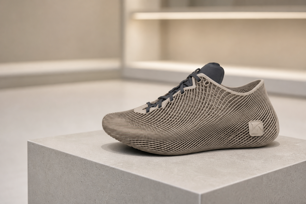 A tan 3D-printed lattice sneaker displayed alone on a retail plinth in a store