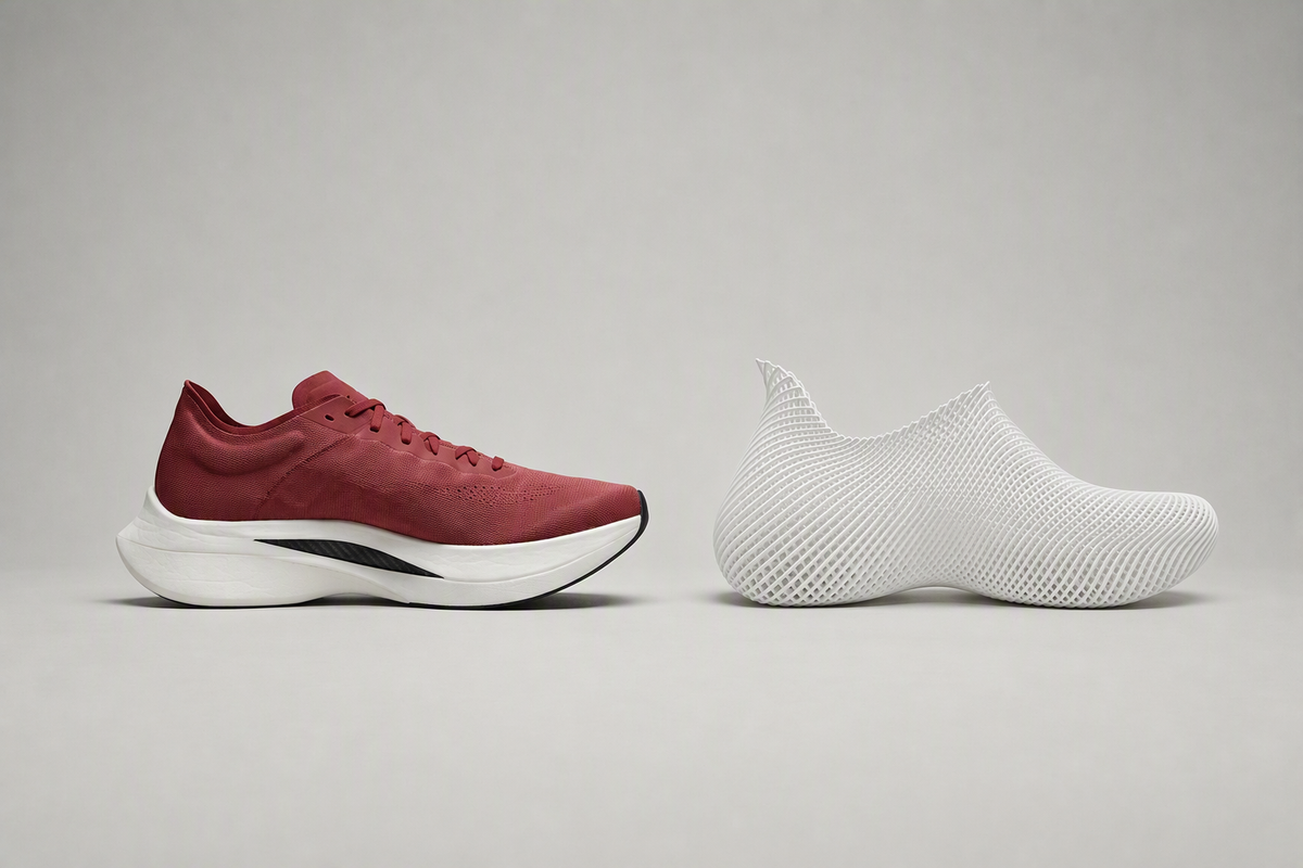 Hero: a carbon-plated racing shoe beside a 3D-printed lattice shoe — two answers to the same question