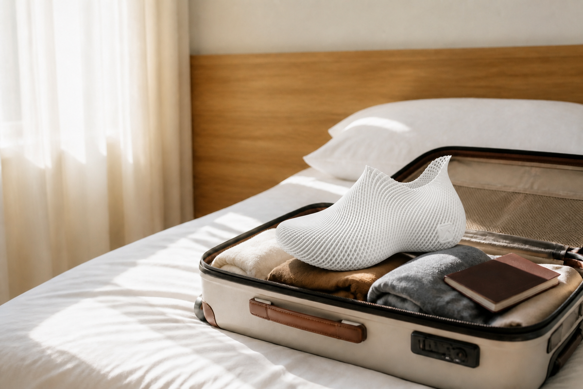 Hero: an open carry-on bag on a hotel bed holding a single pair of white lattice sneakers, morning light, minimal packing