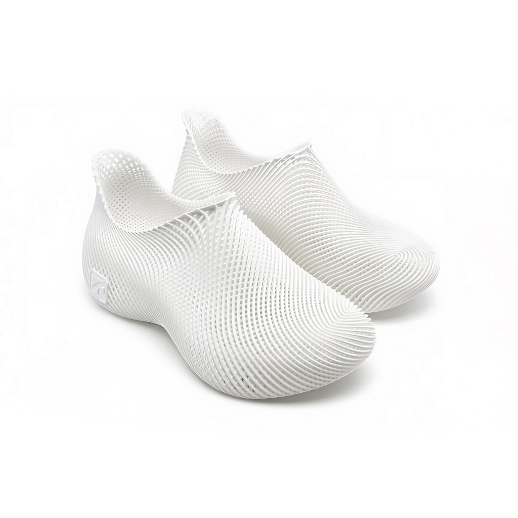 A modern nomad walking through a city with ARKKY 3D printed sneakers
